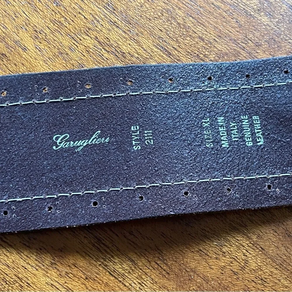 Vintage Garuglieri Wide Leather Belt Made In Italy Brown W/ Gold Tone Buckle XL